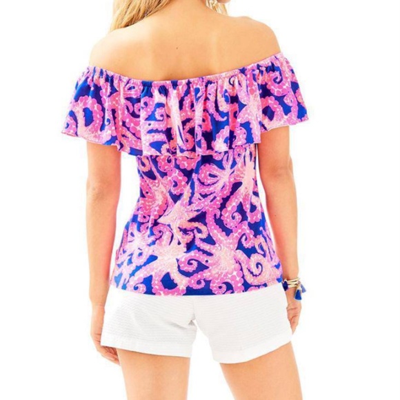 Lilly Pulitzer La Fortuna Off-The-Shoulder Top Octopus Print Small Casual Summer - Picture 2 of 12